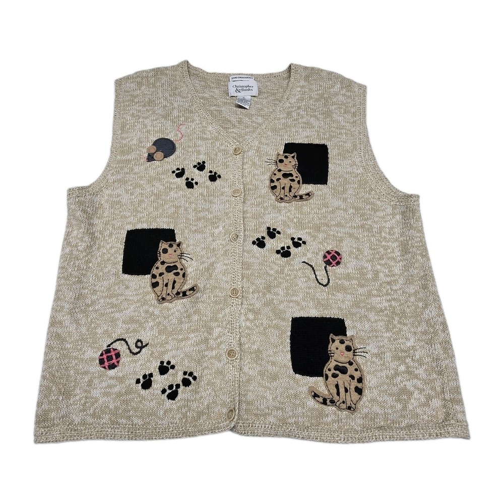 Vintage 90s Y2K Cat Sweater Vest Women's XL Beige Ramie Cotton Kitty Cat Lady
